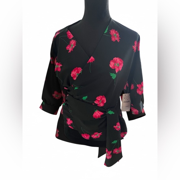 Zara Tops - Zara basic Floral Wrap Blouse in Black with Pink Blooms